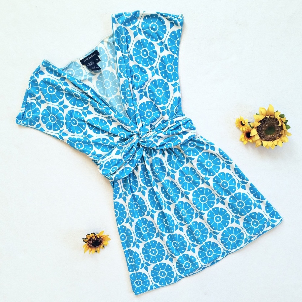 Max Edition Blue & Cream Print Cap Sleeve Top